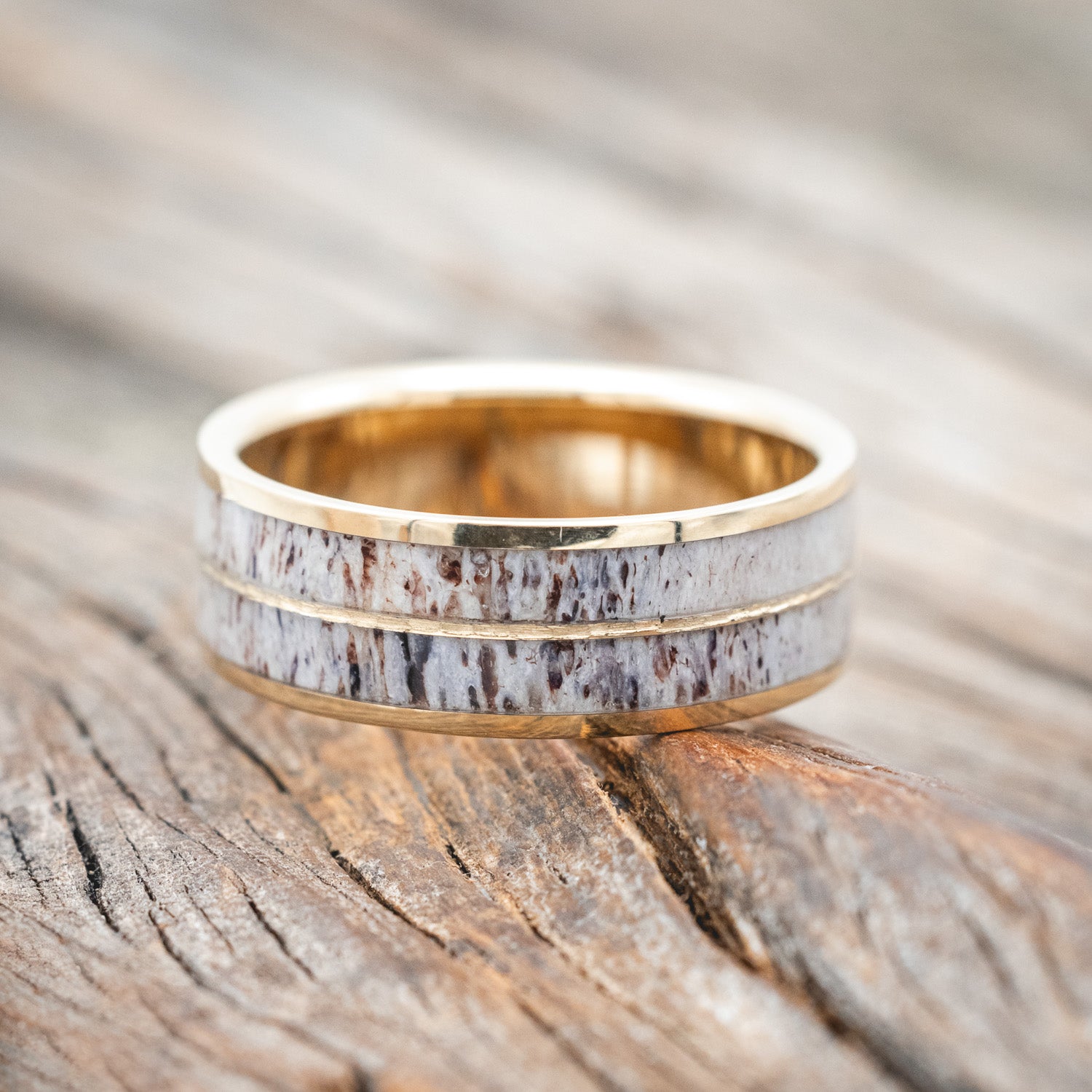 "DYAD" - ANTLER & HAMMERED 14K GOLD INLAY WEDDING BAND-Staghead Designs