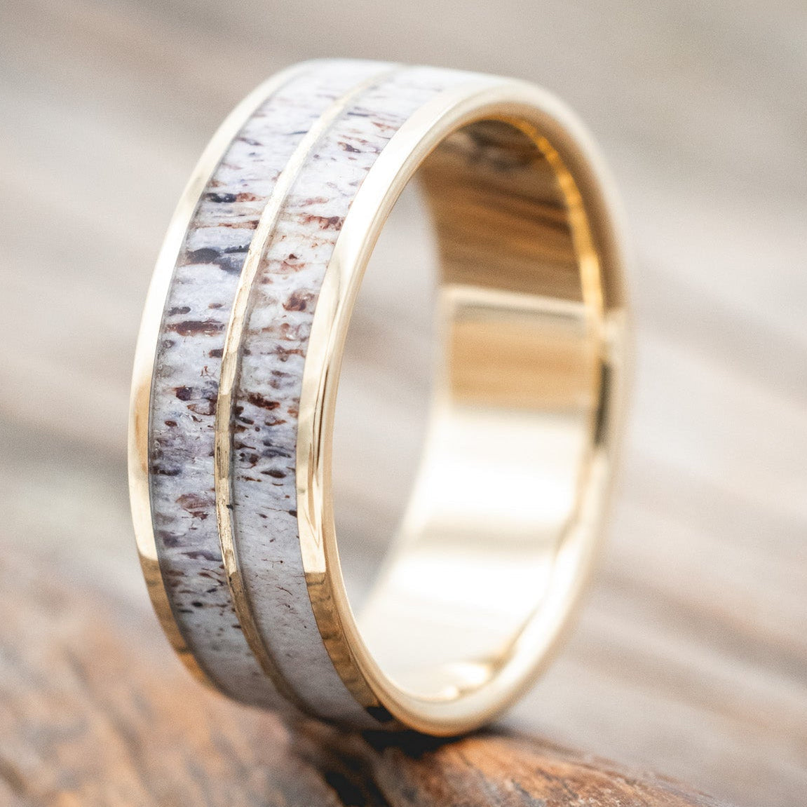 "DYAD" - ANTLER & HAMMERED 14K GOLD INLAY WEDDING BAND-Staghead Designs