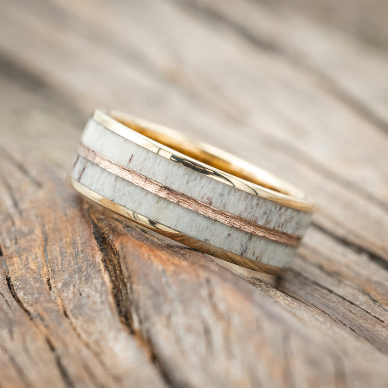 "DYAD" - ELK ANTLER WEDDING BAND WITH A HAMMERED 14K GOLD INLAY