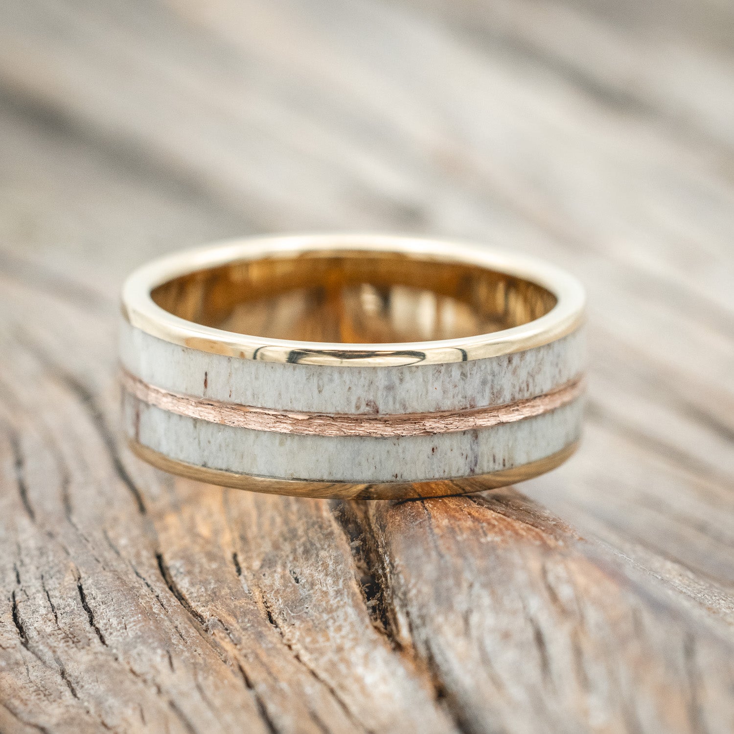 "DYAD" - ELK ANTLER WEDDING BAND WITH A HAMMERED 14K GOLD INLAY-Staghead Designs