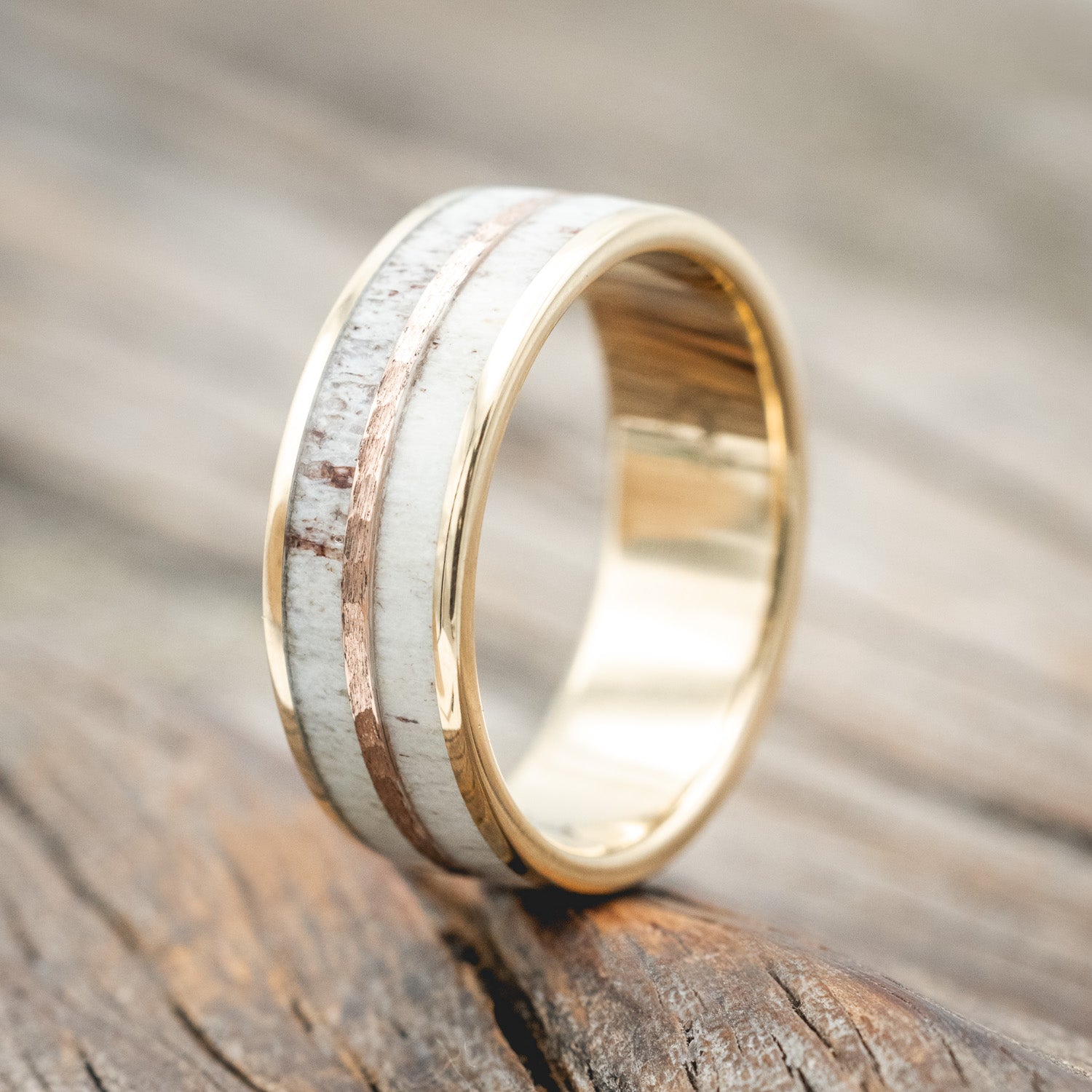 "DYAD" - ELK ANTLER WEDDING BAND WITH A HAMMERED 14K GOLD INLAY-Staghead Designs