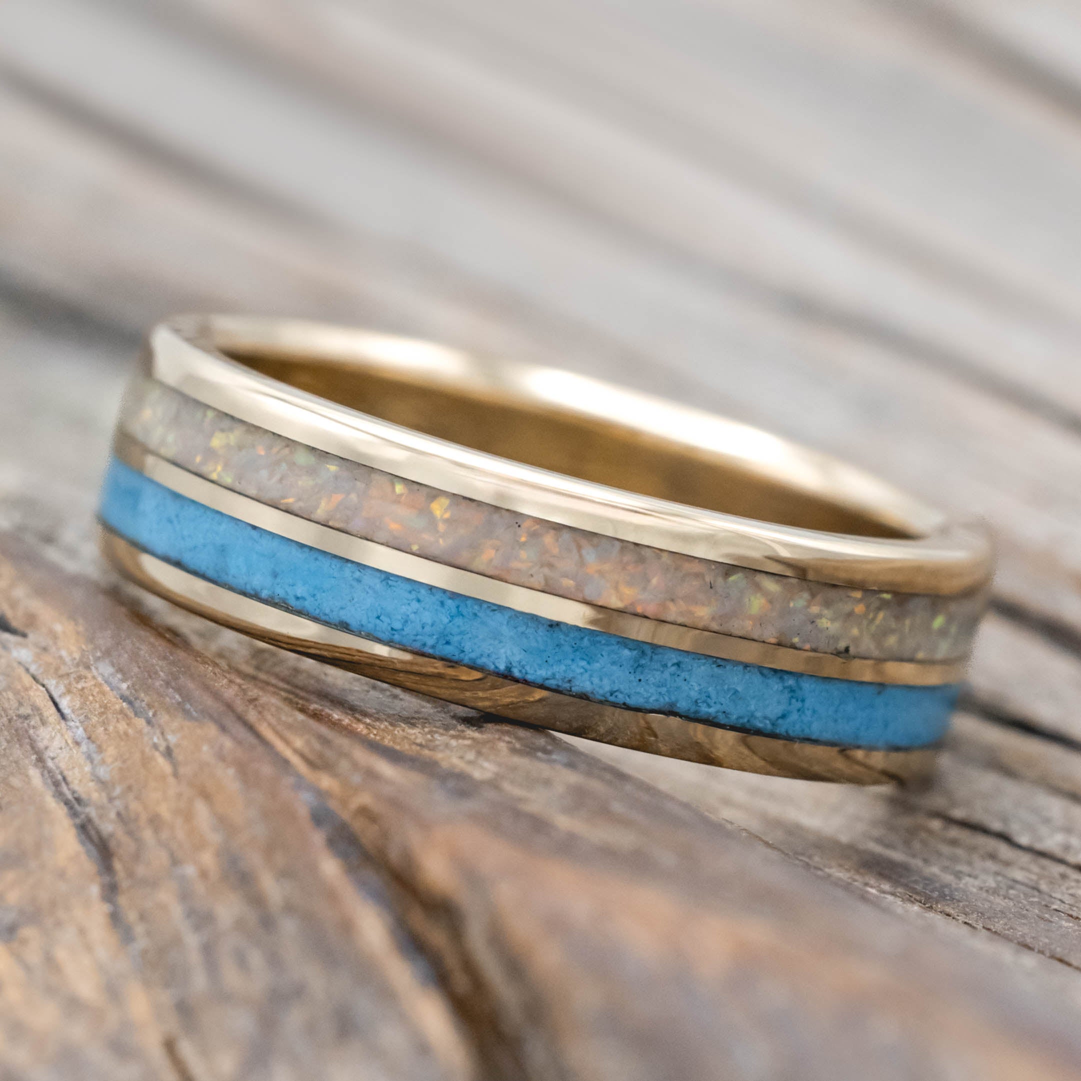"DYAD" - FIRE AND ICE OPAL & TURQUOISE WEDDING BAND-Staghead Designs