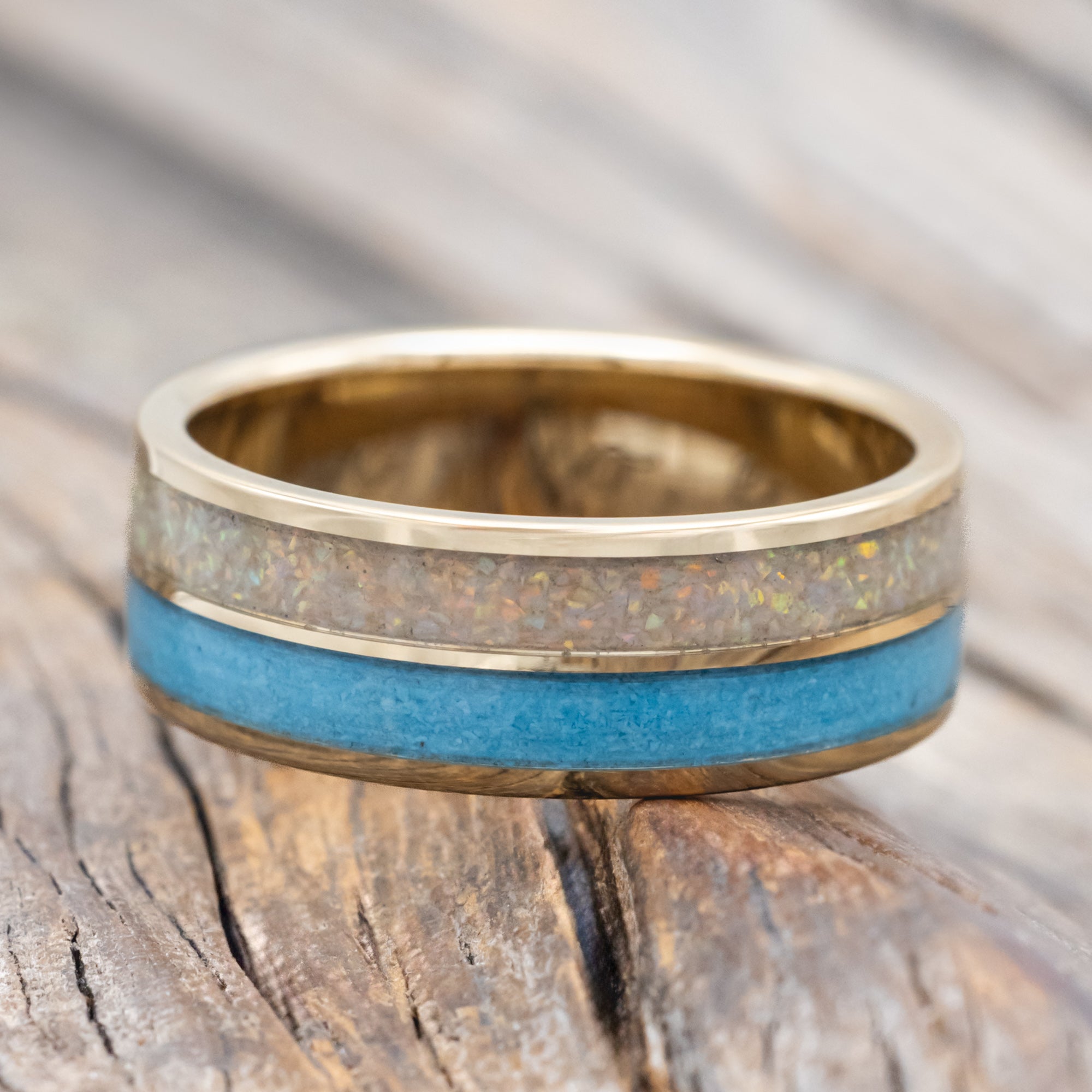 "DYAD" - FIRE AND ICE OPAL & TURQUOISE WEDDING BAND-Staghead Designs
