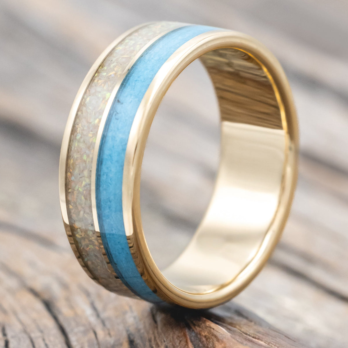 "DYAD" - FIRE AND ICE OPAL & TURQUOISE WEDDING BAND-Staghead Designs