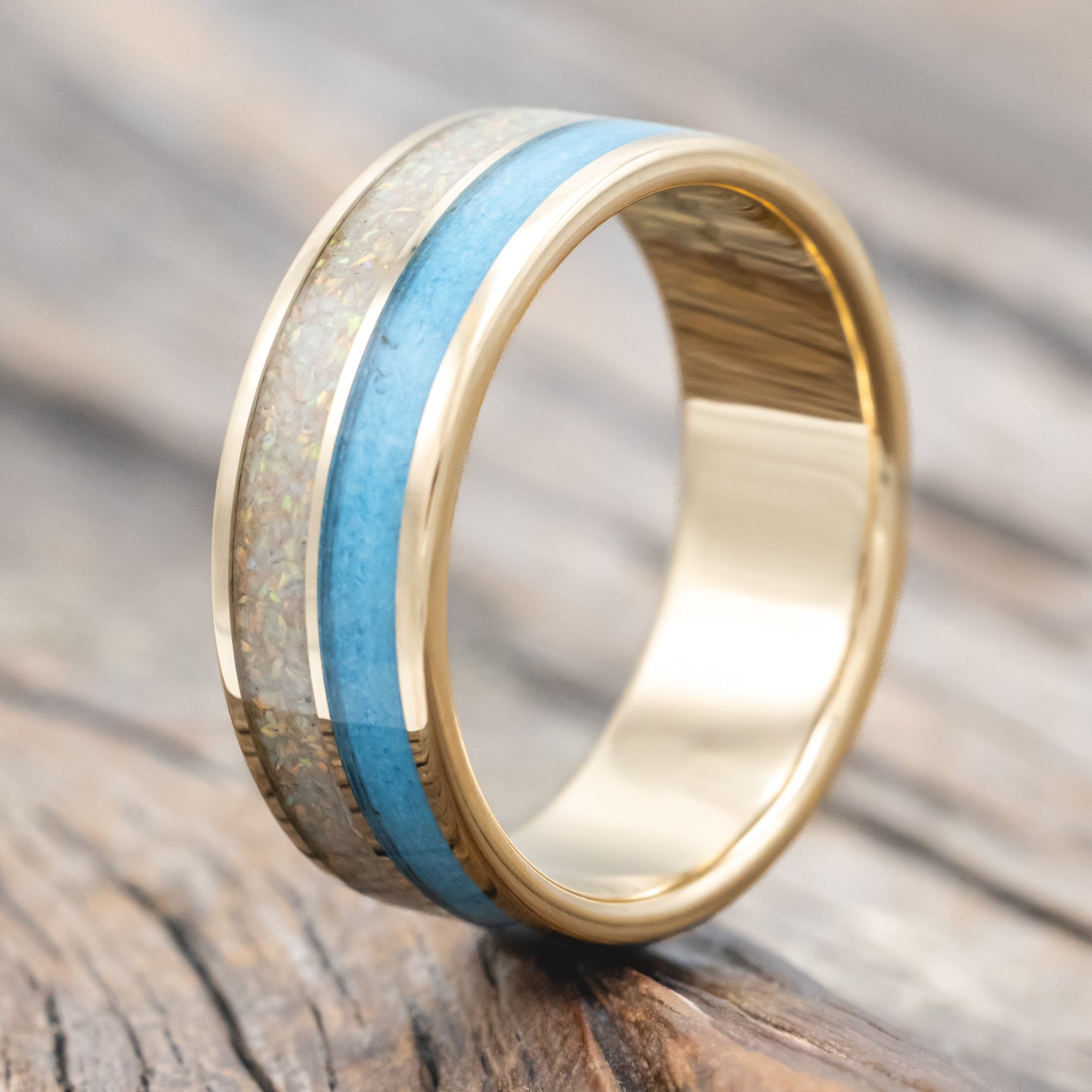 "DYAD" - FIRE AND ICE OPAL & TURQUOISE WEDDING BAND-Staghead Designs