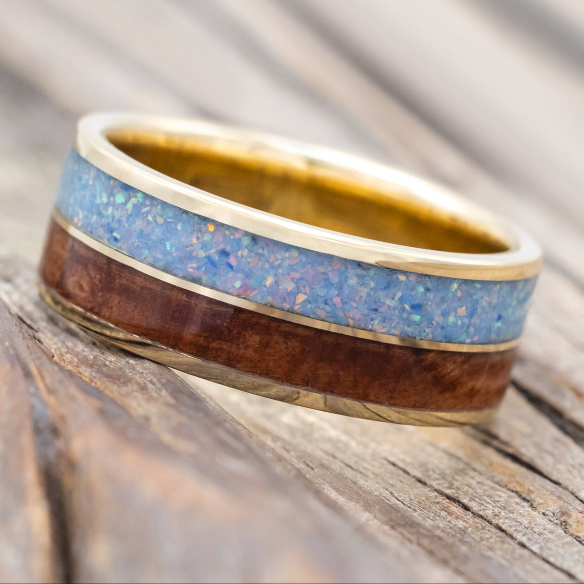 "DYAD" - COTTON CANDY OPAL & REDWOOD WEDDING BAND-Staghead Designs
