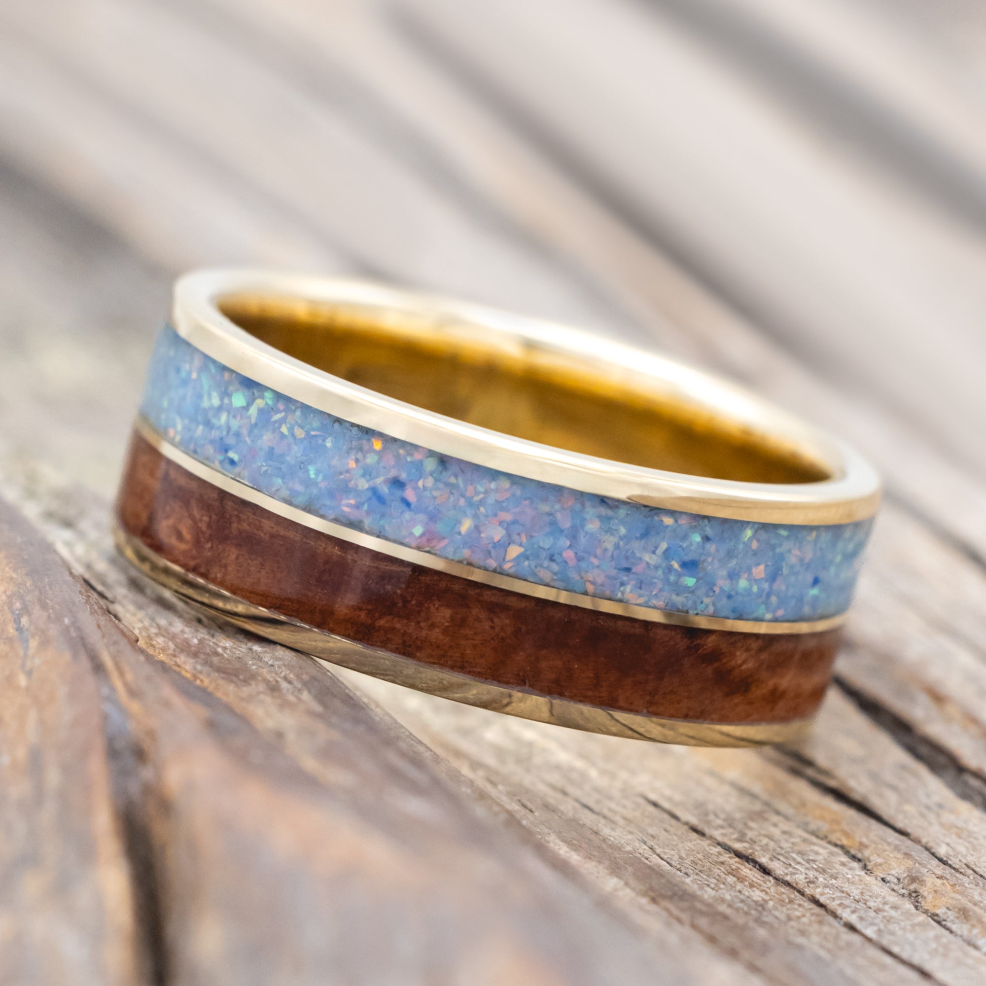 "DYAD" - COTTON CANDY OPAL & REDWOOD WEDDING BAND-Staghead Designs