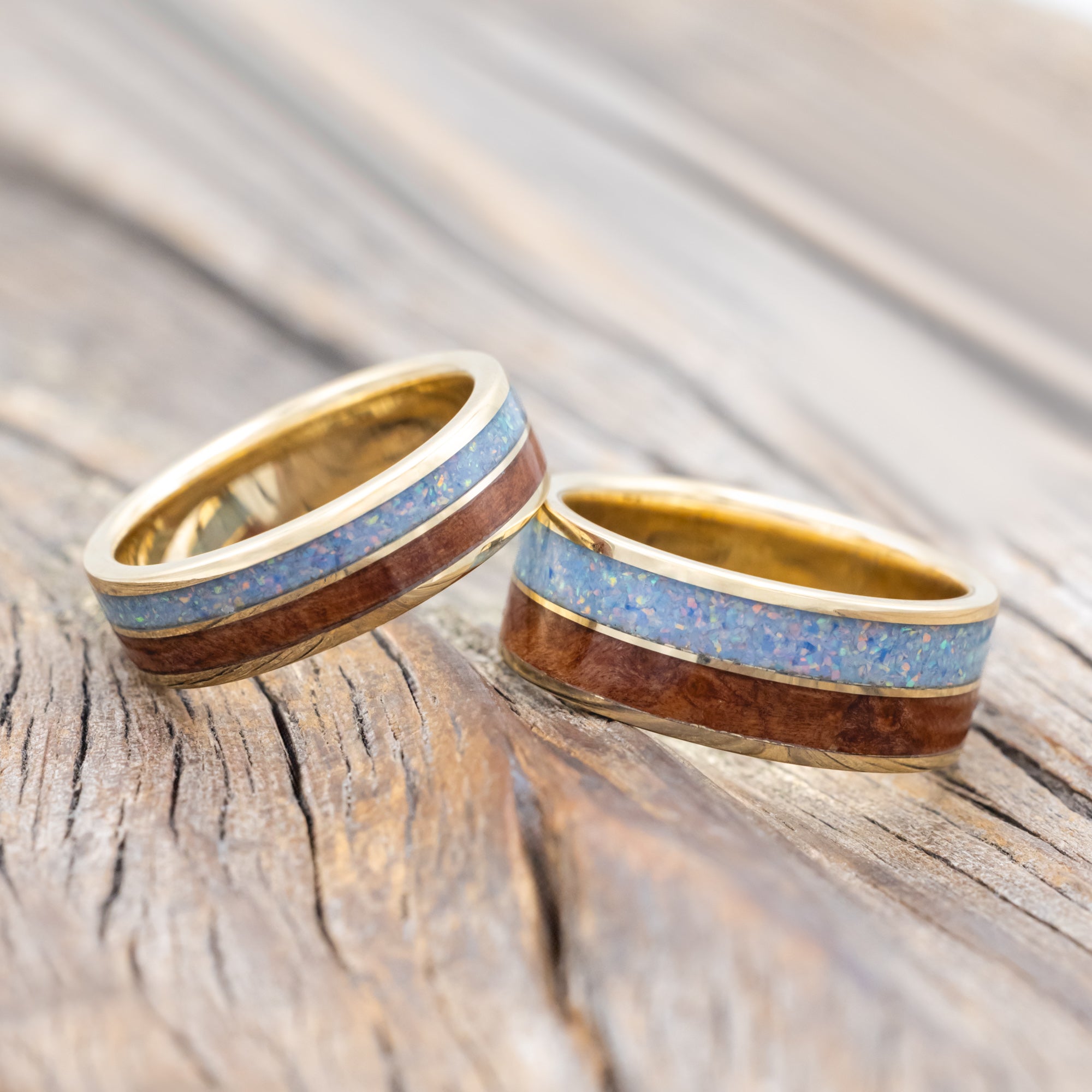 "DYAD" - MATCHING SET OF COTTON CANDY OPAL & REDWOOD WEDDING BANDS-Staghead Designs