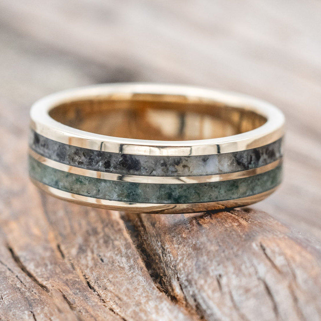 "DYAD" - MOSS AGATE & MOONSTONE WEDDING BAND-Staghead Designs