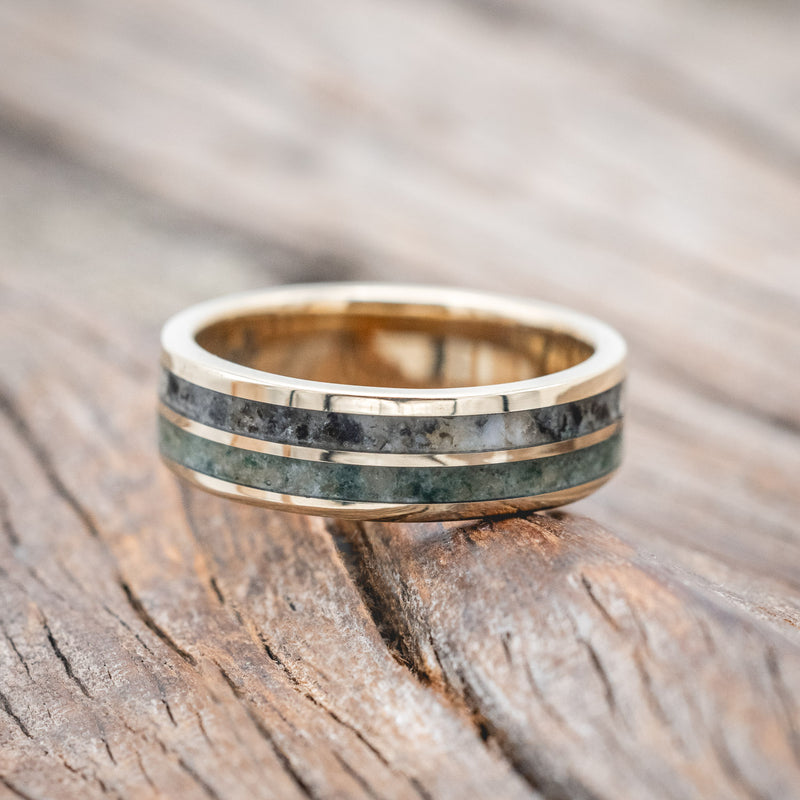 "DYAD" - MOSS AGATE & MOONSTONE WEDDING BAND-Staghead Designs