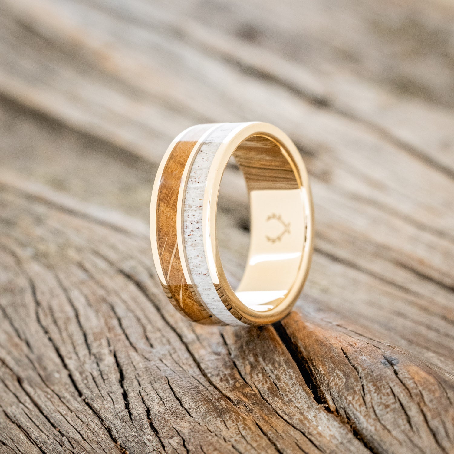 "DYAD" - WHISKEY BARREL OAK & ANTLER WEDDING BAND-20