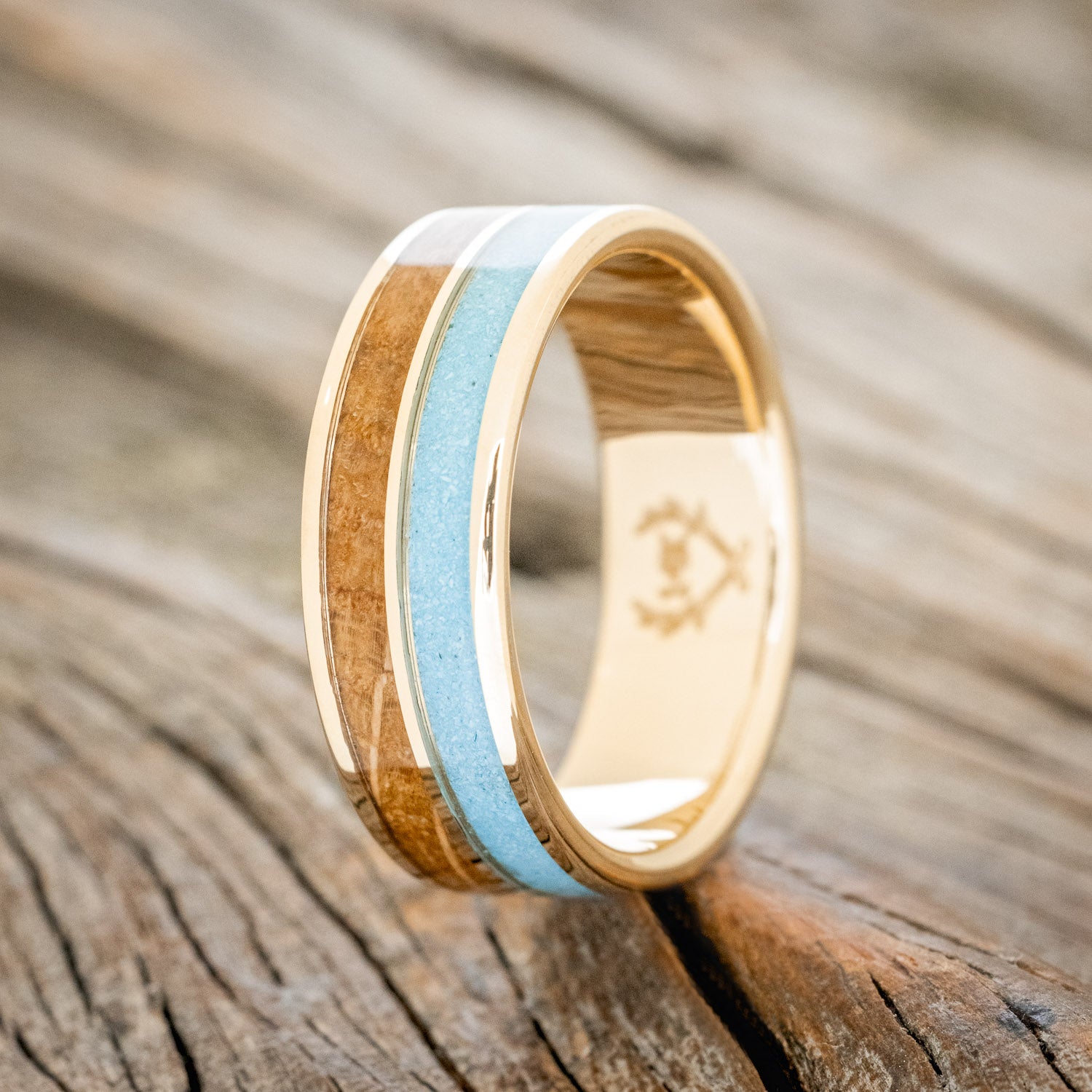 "DYAD" - WHISKEY BARREL OAK & TURQUOISE WEDDING BAND-4