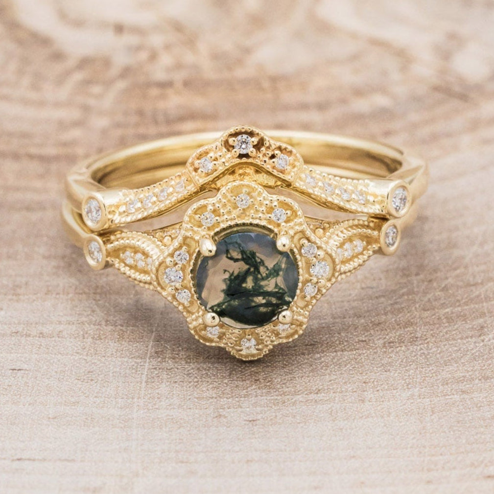 "EILEEN" - ROUND CUT MOSS AGATE ENGAGEMENT RING WITH DIAMOND ACCENTS & TRACER-22
