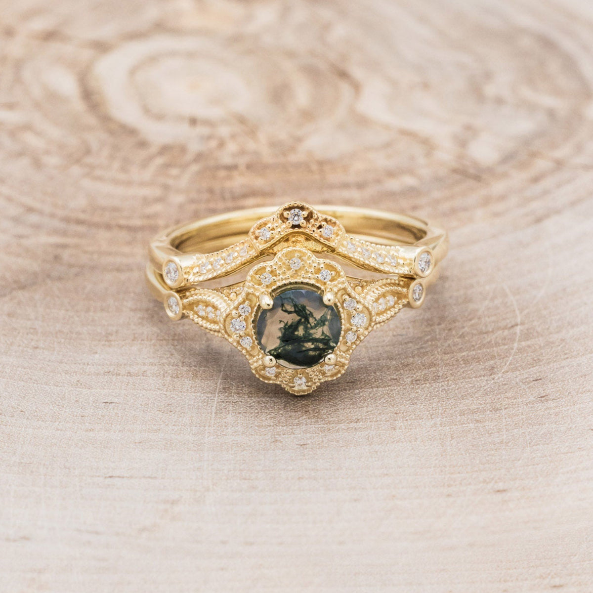 "EILEEN" - ROUND CUT MOSS AGATE ENGAGEMENT RING WITH DIAMOND ACCENTS & TRACER-22