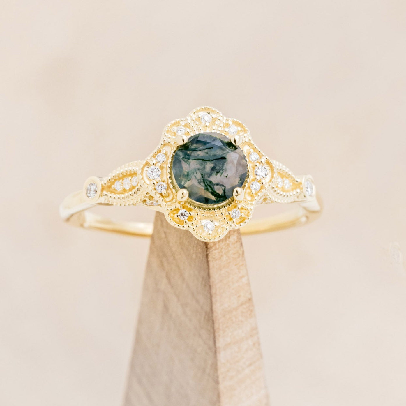 "EILEEN" - ROUND CUT MOSS AGATE ENGAGEMENT RING WITH DIAMOND ACCENTS & TRACER-25