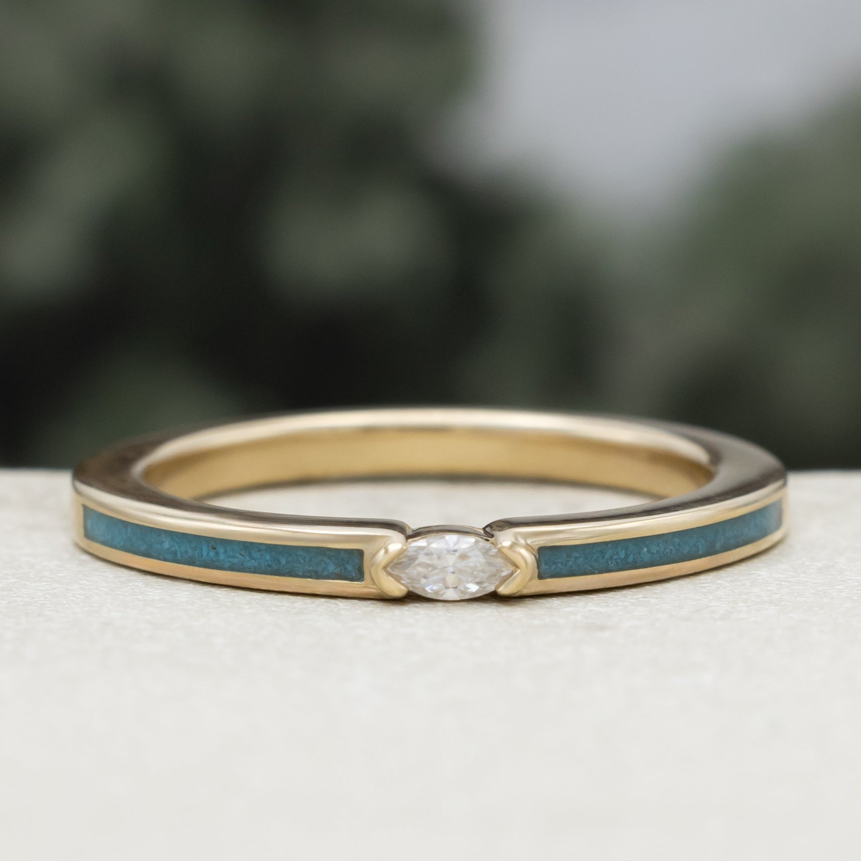 "Elba" - Marquise Cut Moissanite Engagement Ring With Turquoise Inlays - 14K Yellow Gold - Size 7