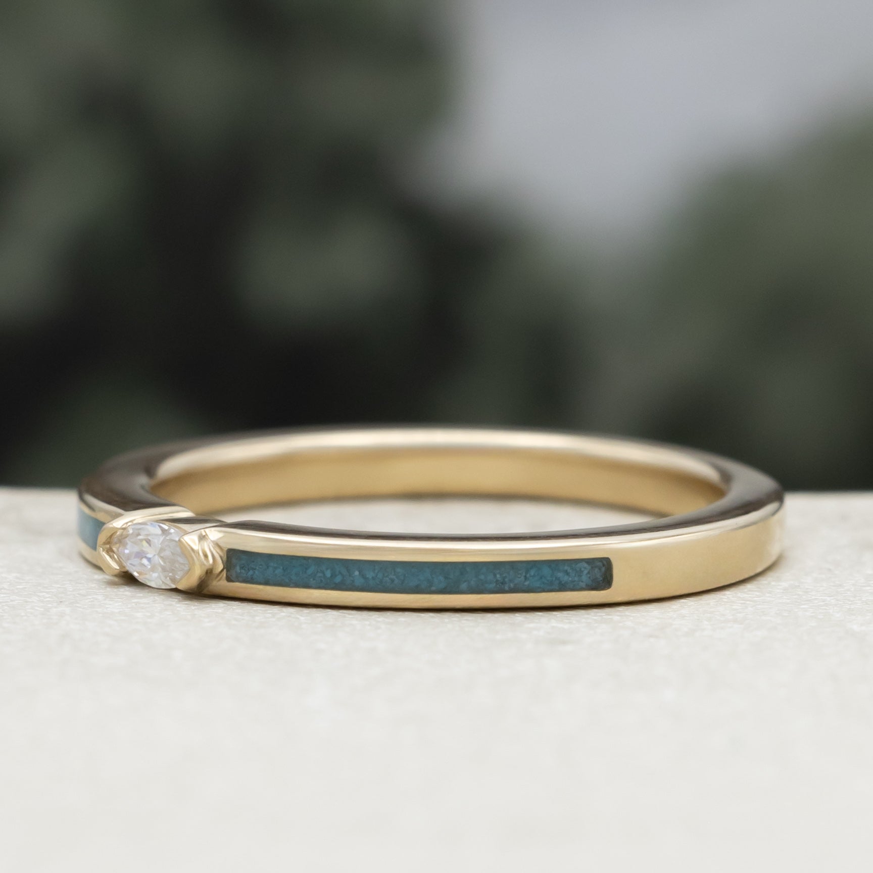 "Elba" - Marquise Cut Moissanite Engagement Ring With Turquoise Inlays - 14K Yellow Gold - Size 7
