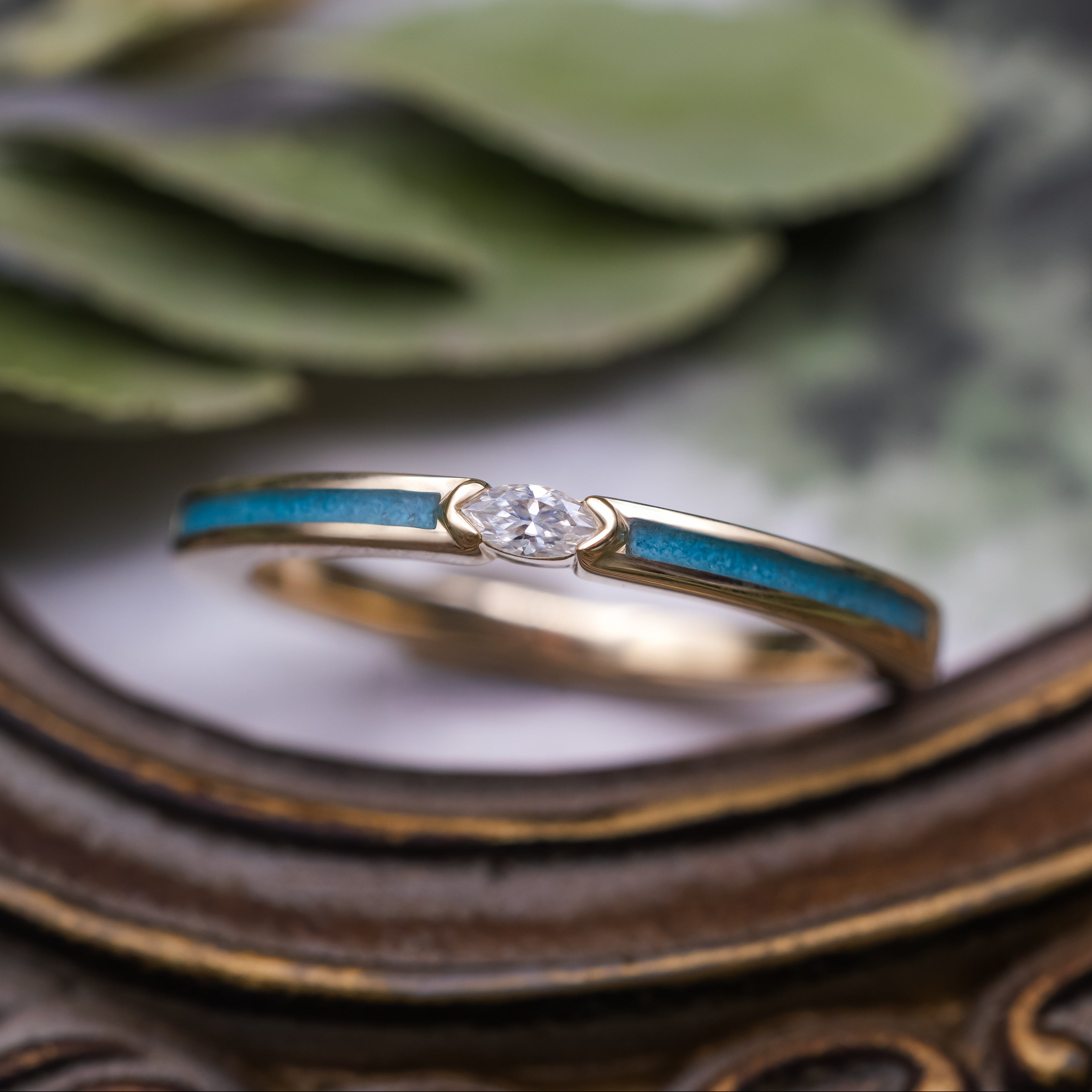"Elba" - Marquise Cut Moissanite Engagement Ring With Turquoise Inlays
