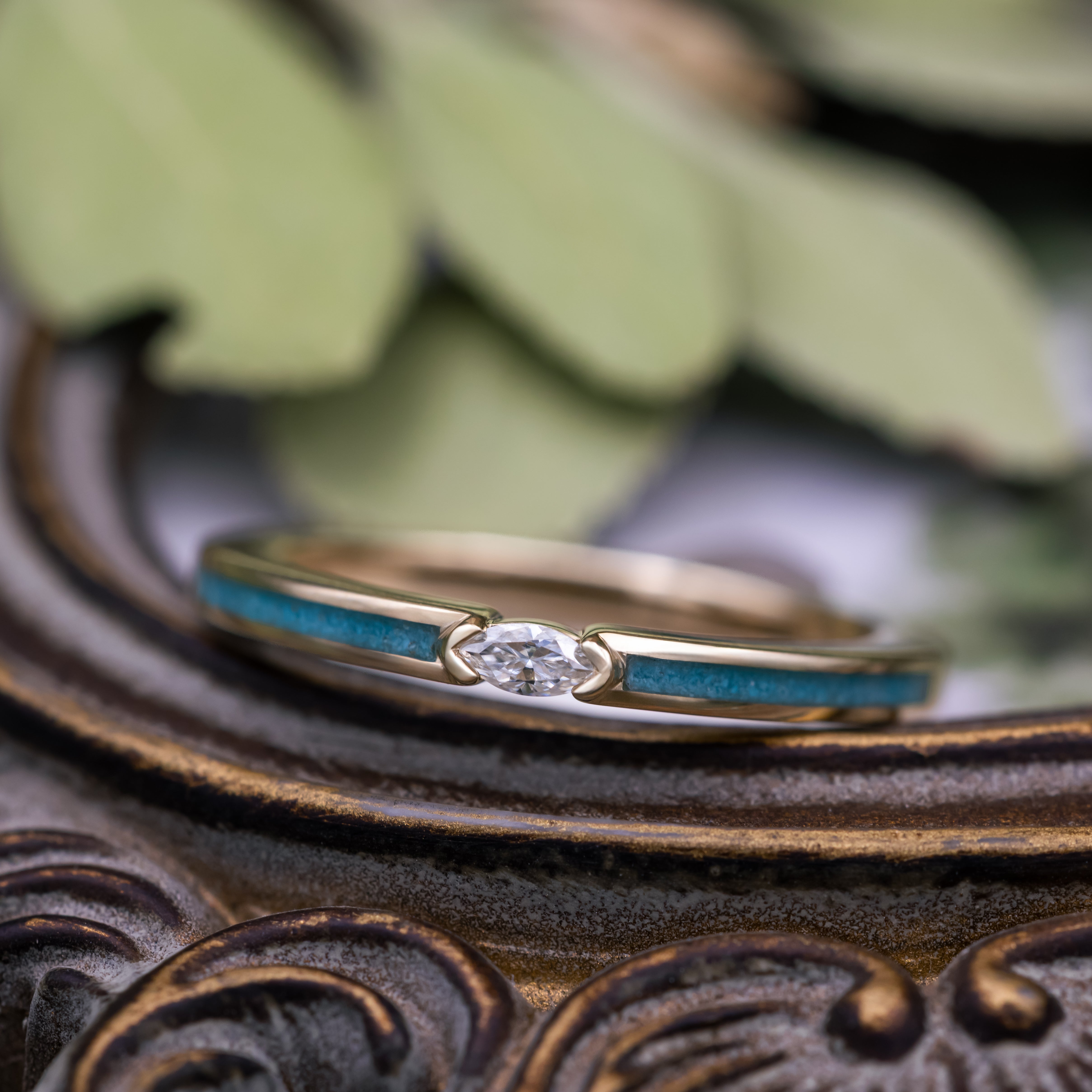 "Elba" - Marquise Cut Moissanite Engagement Ring With Turquoise Inlays - 14K Yellow Gold - Size 7