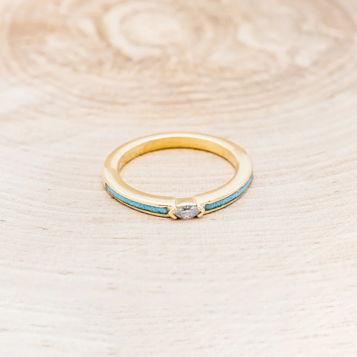 "Elba" - Marquise Cut Moissanite Engagement Ring With Turquoise Inlays - 14K Yellow Gold - Size 7