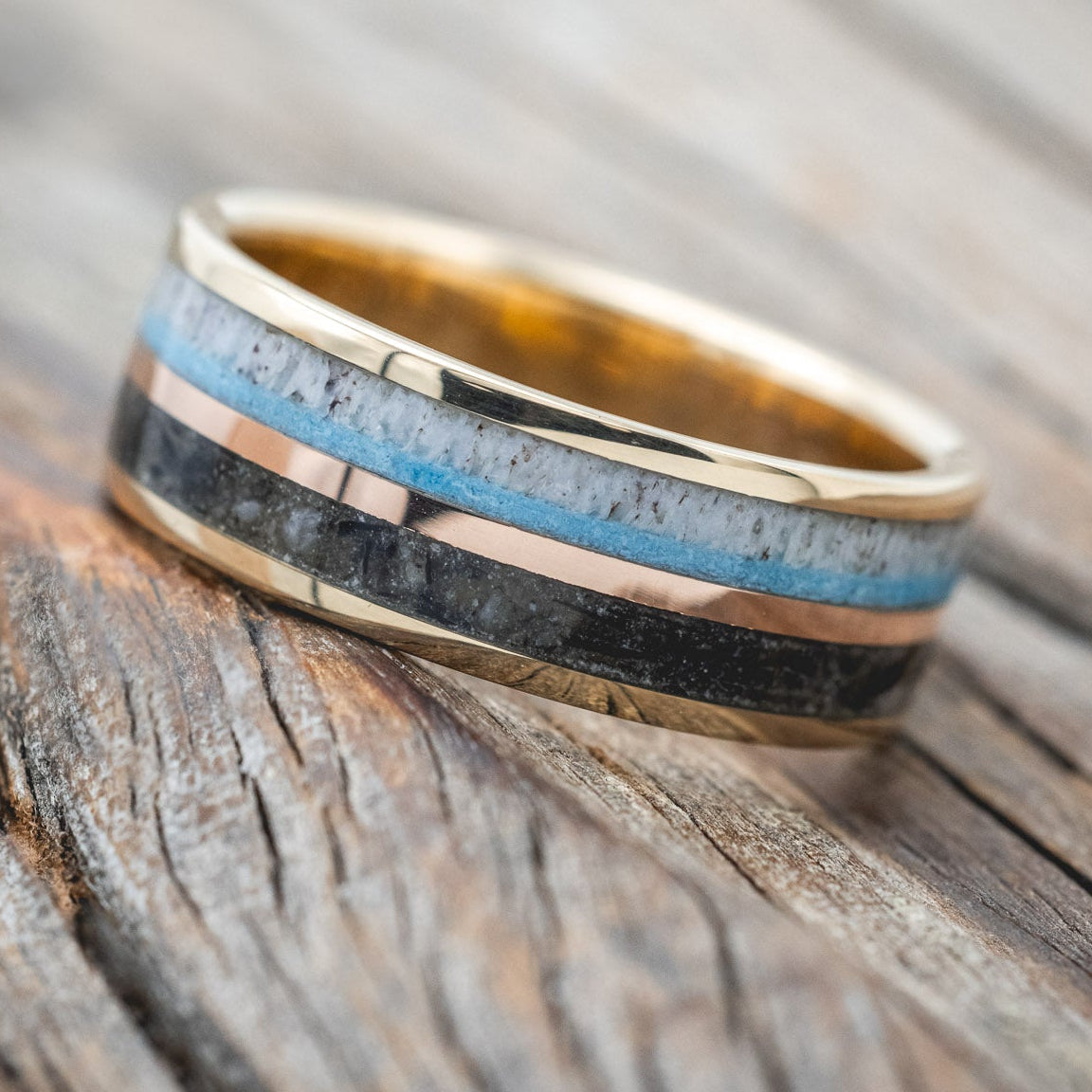 "ELEMENT" - MOONSTONE, TURQUOISE, ANTLER & 14K ROSE GOLD INLAY WEDDING BAND-Staghead Designs