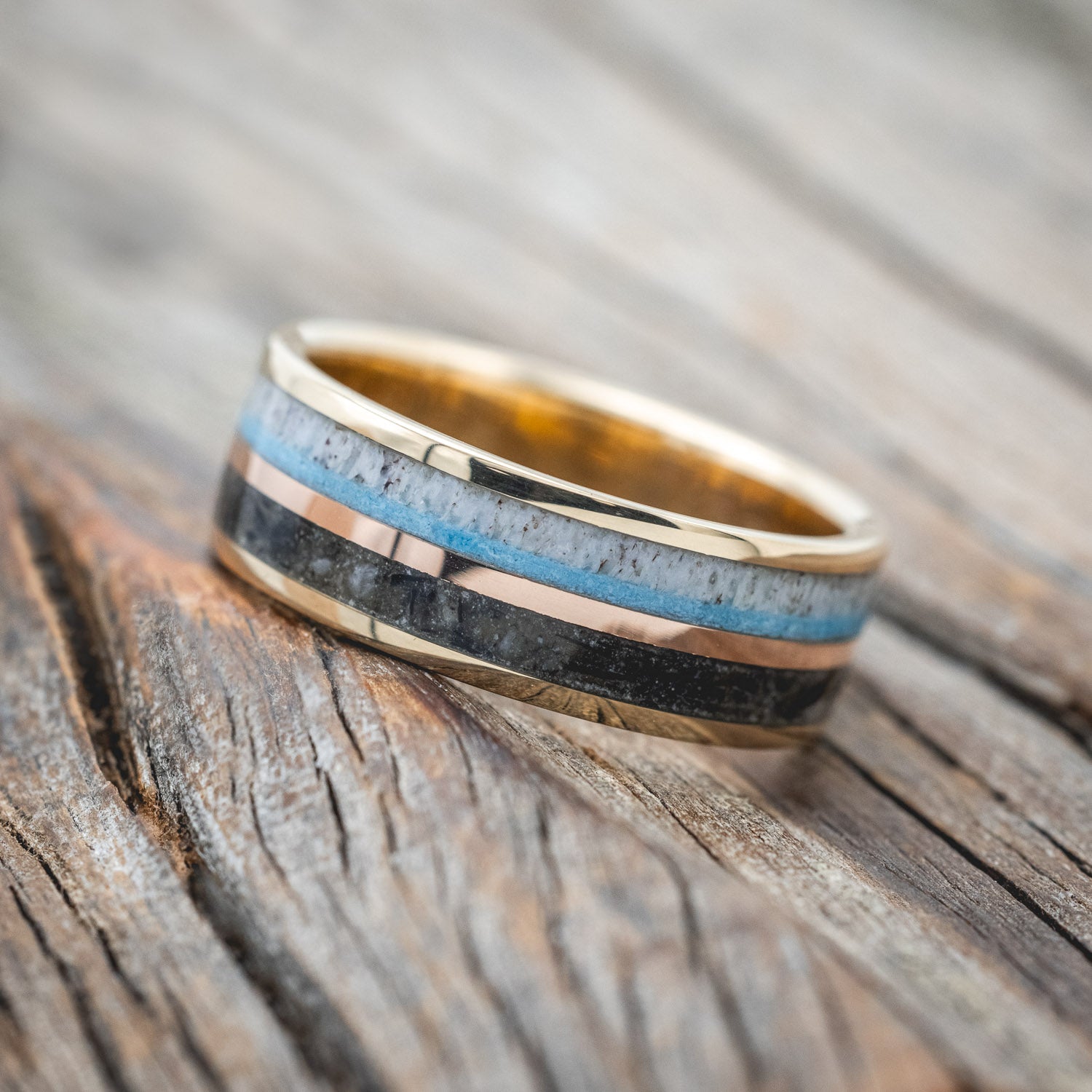 "ELEMENT" - MOONSTONE, TURQUOISE, ANTLER & 14K ROSE GOLD INLAY WEDDING BAND-Staghead Designs