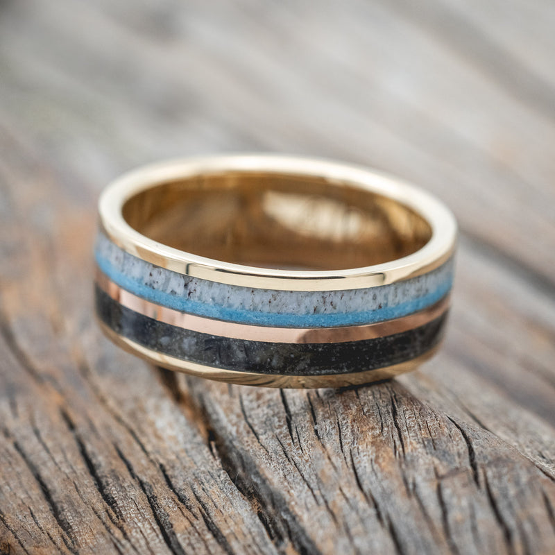 "ELEMENT" - MOONSTONE, TURQUOISE, ANTLER & 14K ROSE GOLD INLAY WEDDING BAND-Staghead Designs