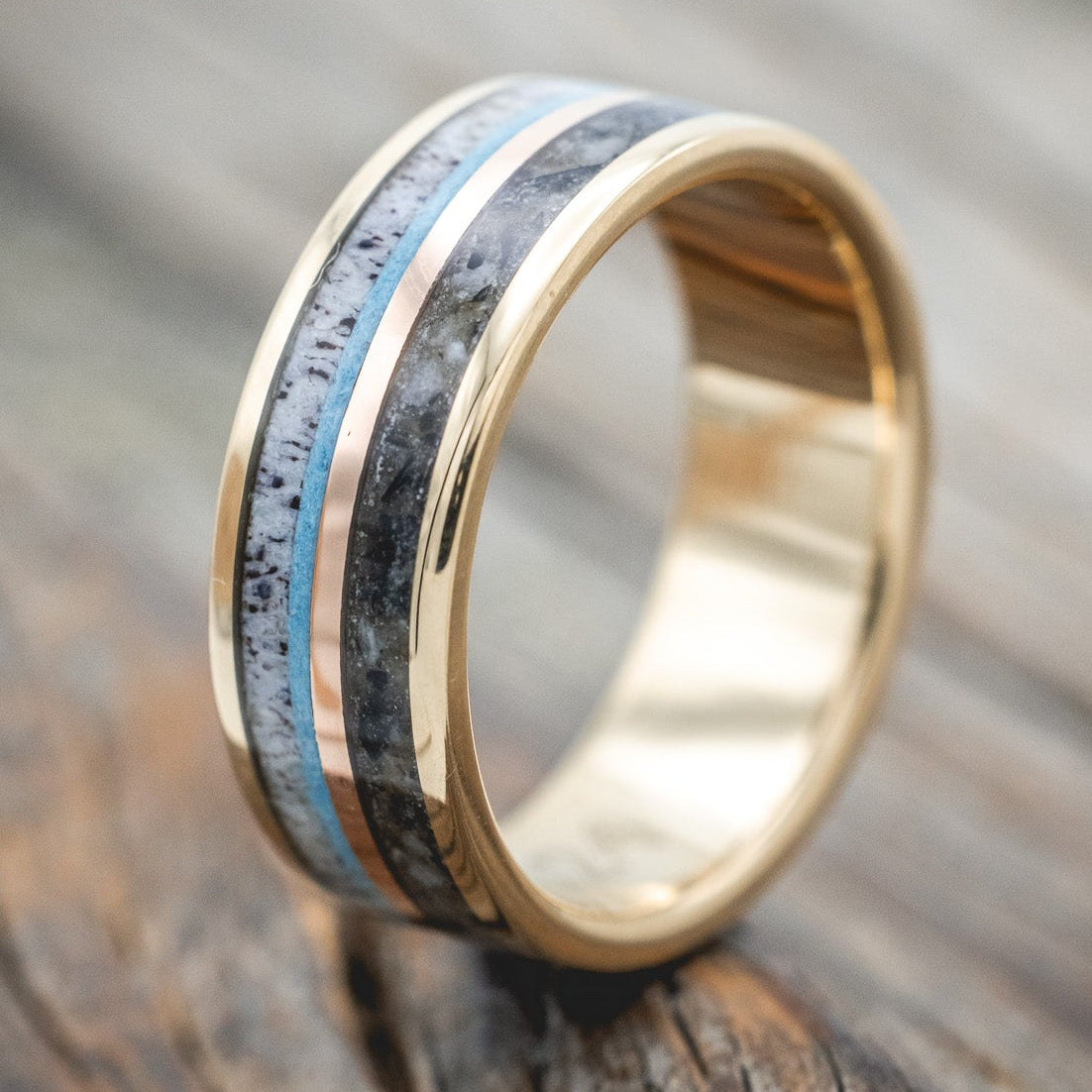 "ELEMENT" - MOONSTONE, TURQUOISE, ANTLER & 14K ROSE GOLD INLAY WEDDING BAND-Staghead Designs