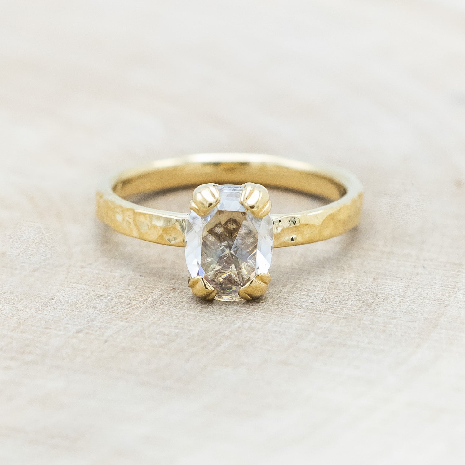 "ELLA" - ANTIQUE CUSHION ROSE CUT MOISSANITE SOLITAIRE ENGAGEMENT RING WITH HAMMERED FINISH-Staghead Designs