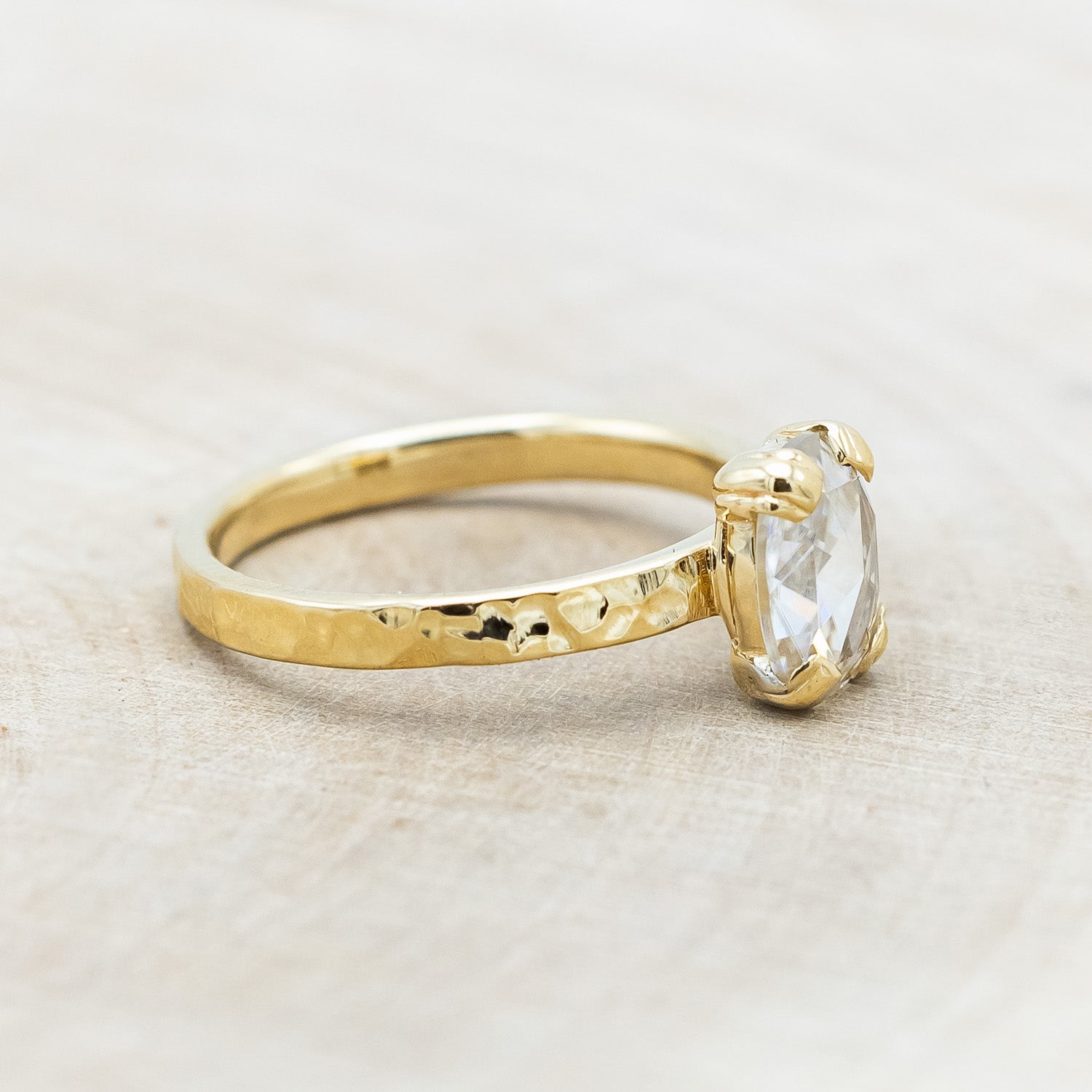 "ELLA" - ANTIQUE CUSHION ROSE CUT MOISSANITE SOLITAIRE ENGAGEMENT RING WITH HAMMERED FINISH-Staghead Designs