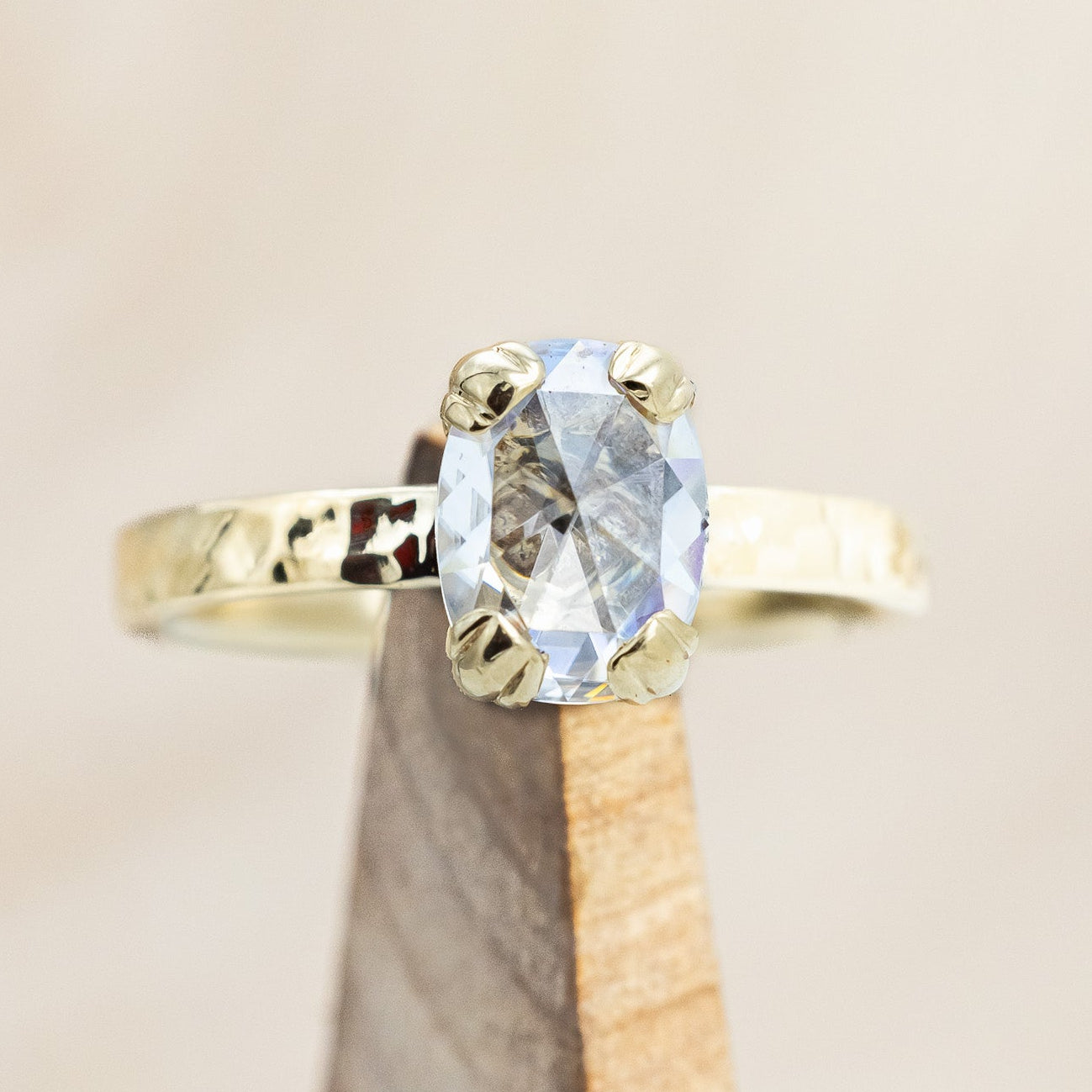 "ELLA" - ANTIQUE CUSHION ROSE CUT MOISSANITE SOLITAIRE ENGAGEMENT RING WITH HAMMERED FINISH-Staghead Designs