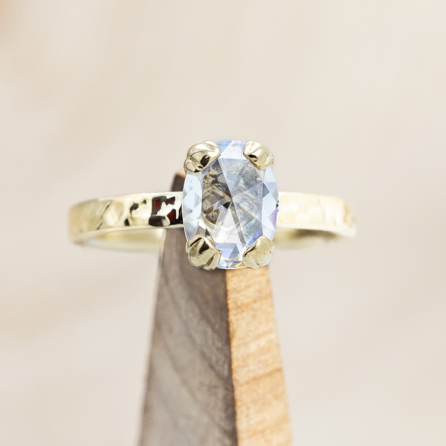 "ELLA" - ANTIQUE CUSHION ROSE CUT MOISSANITE SOLITAIRE ENGAGEMENT RING WITH HAMMERED FINISH-Staghead Designs