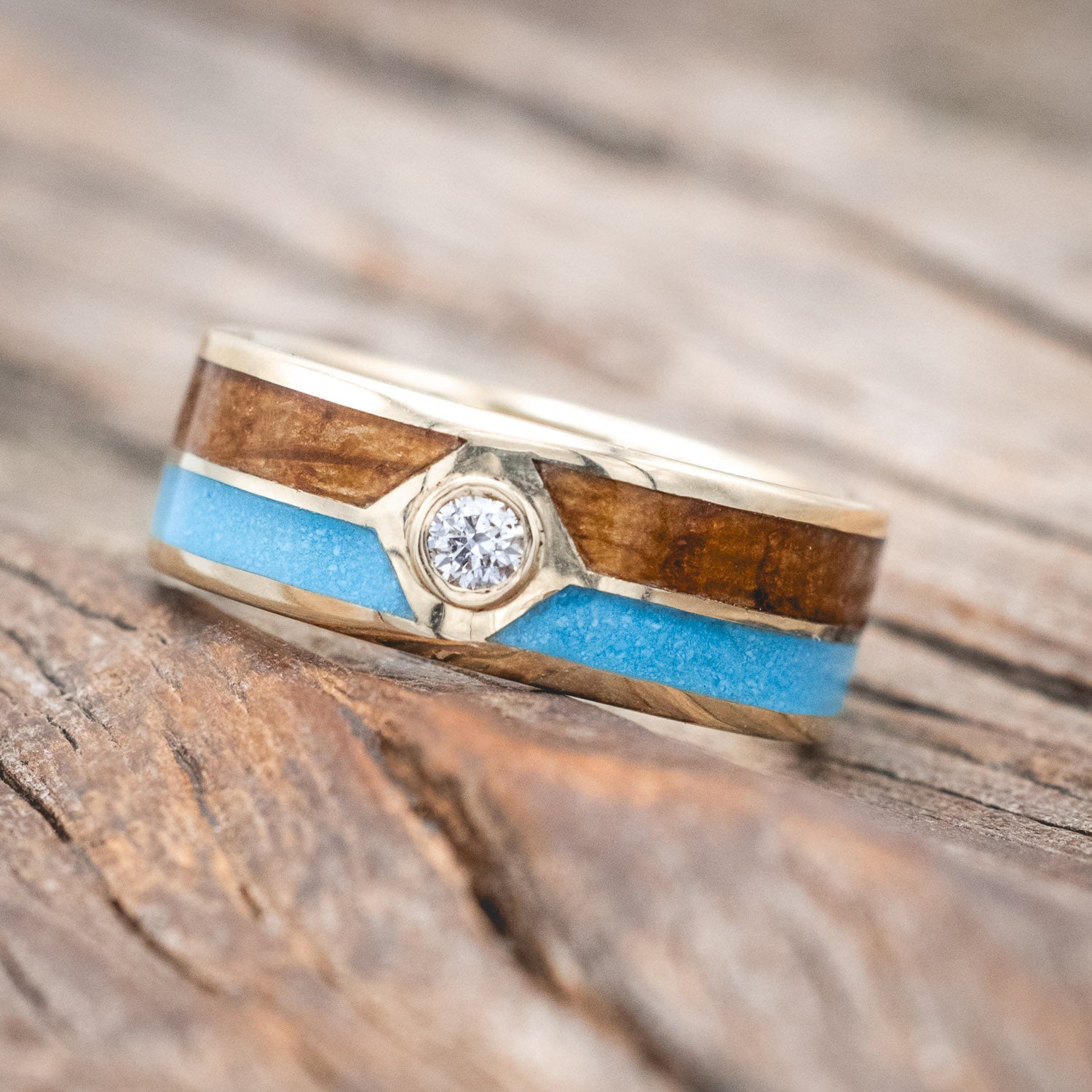 "Ellington" - men's wedding ring with whiskey barrel oak & turquoise inlays with a diamond accent