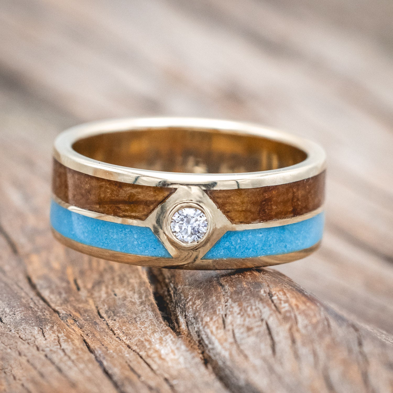 "Ellington" - men's wedding ring with whiskey barrel oak & turquoise inlays with a diamond accent
