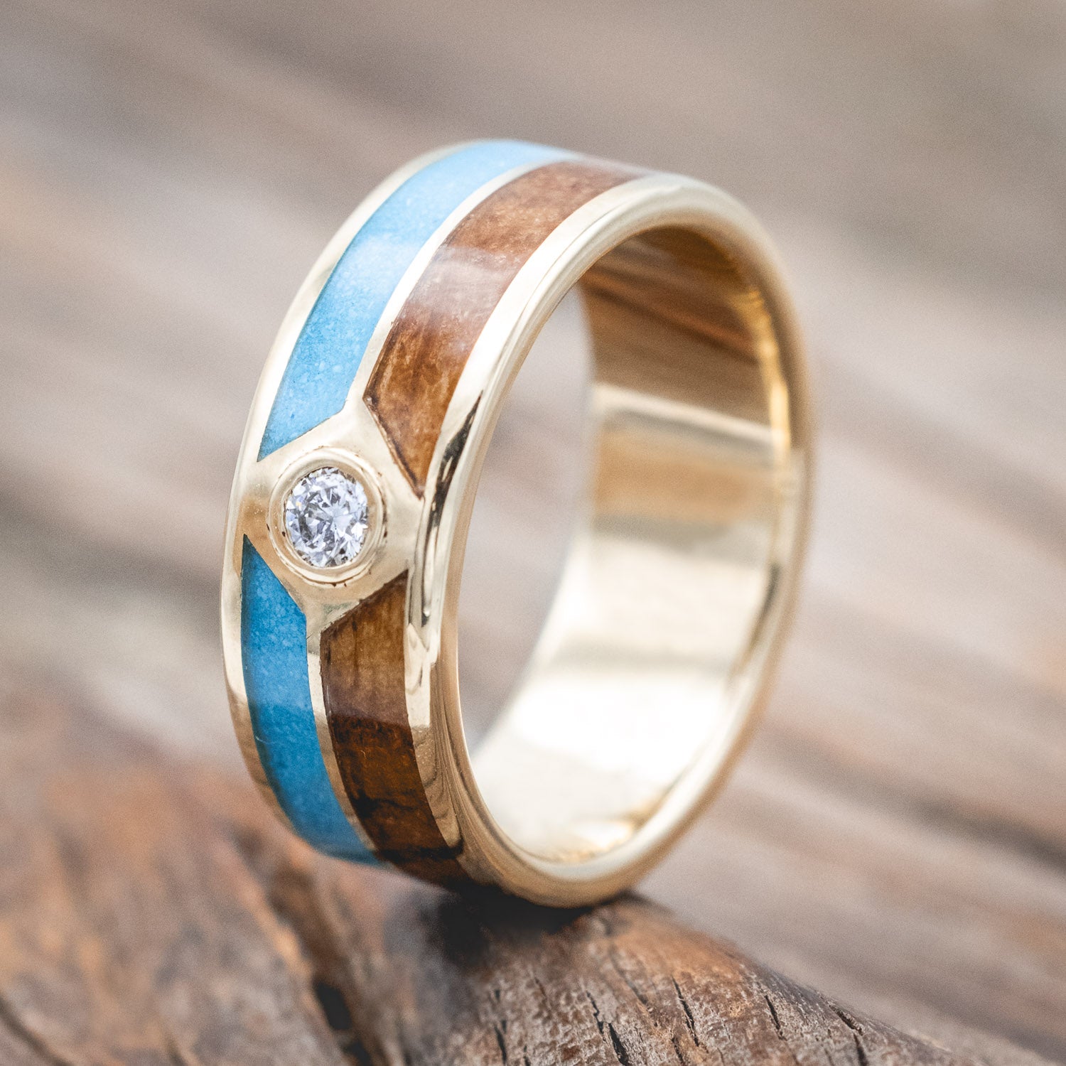 "Ellington" - men's wedding ring with whiskey barrel oak & turquoise inlays with a diamond accent
