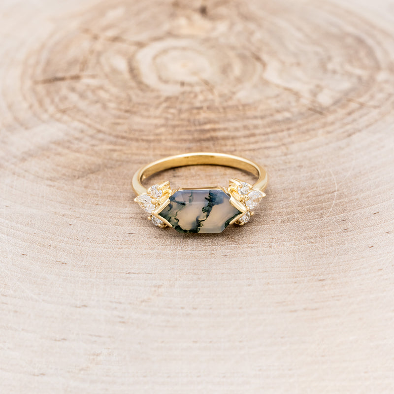 "SILVIA" - ELONGATED HEXAGON MOSS AGATE ENGAGEMENT RING WITH DIAMOND ACCENTS