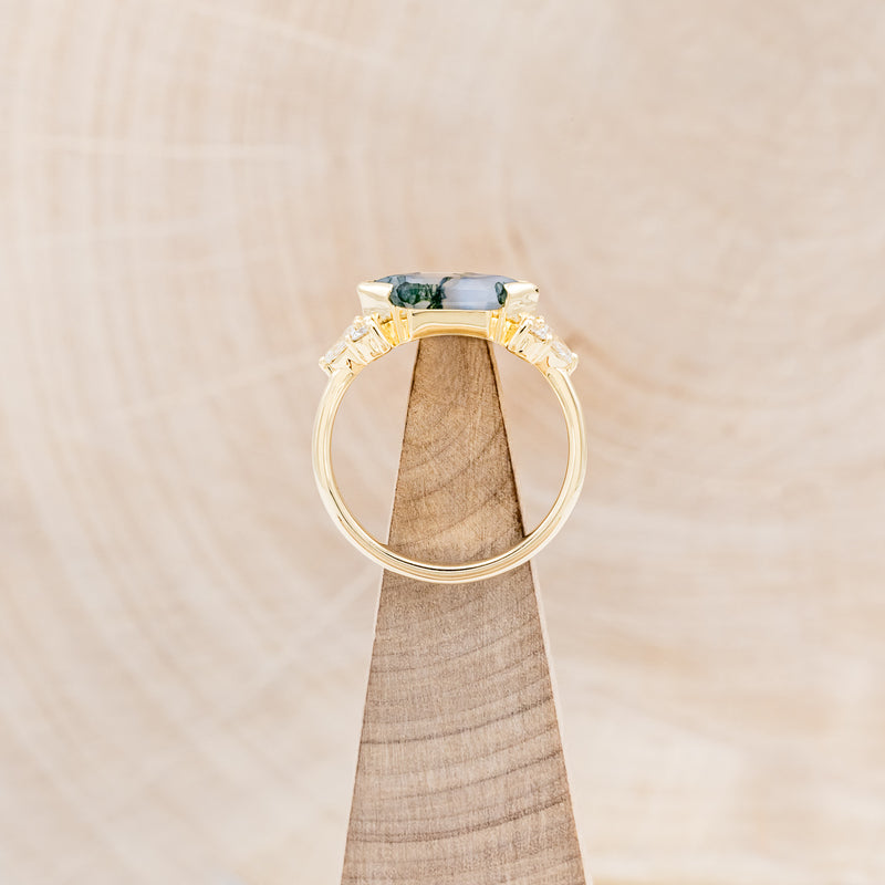 "SILVIA" - ELONGATED HEXAGON MOSS AGATE ENGAGEMENT RING WITH DIAMOND ACCENTS