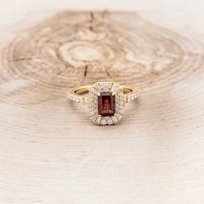 "CLANCY" - EMERALD CUT GARNET ENGAGEMENT RING WITH LAB-GROWN DIAMOND ACCENTS - 14K YELLOW GOLD - SIZE 7-Staghead Designs