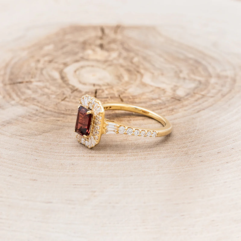 "CLANCY" - EMERALD CUT GARNET ENGAGEMENT RING WITH LAB-GROWN DIAMOND ACCENTS - 14K YELLOW GOLD - SIZE 7-Staghead Designs