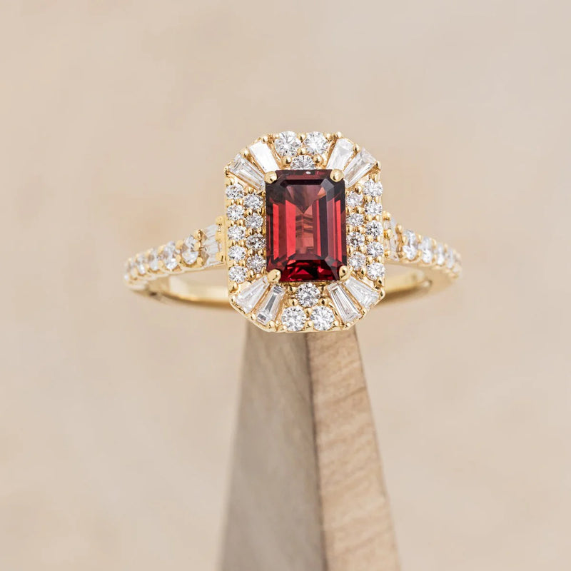 "CLANCY" - EMERALD CUT GARNET ENGAGEMENT RING WITH LAB-GROWN DIAMOND ACCENTS - 14K YELLOW GOLD - SIZE 7-Staghead Designs