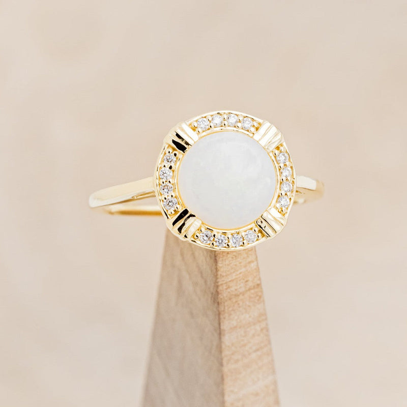 ROUND CUT WHITE OPAL ENGAGEMENT RING WITH DIAMOND HALO - 14K YELLOW GOLD - SIZE 6 1/4