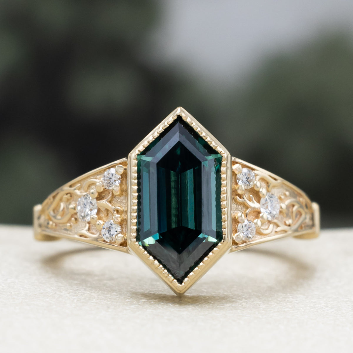 "Estelle" - Elongated Hexagon Cut Green Moissanite Engagement Ring With Crescent Moon & Diamond Accents-Staghead Designs