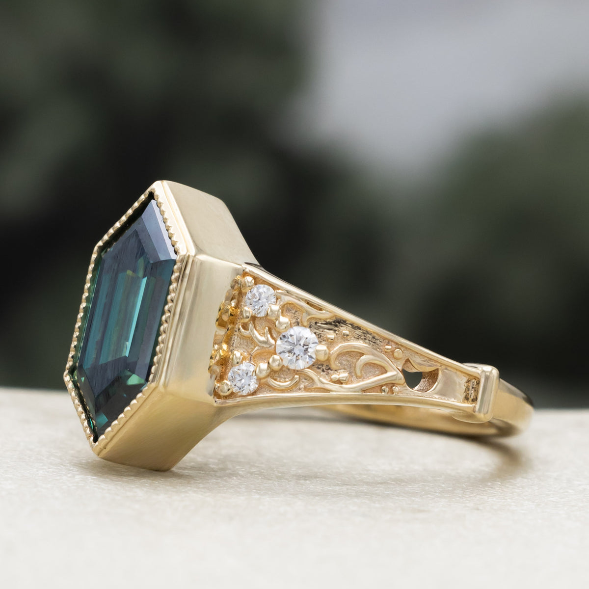 "Estelle" - Elongated Hexagon Cut Green Moissanite Engagement Ring With Crescent Moon & Diamond Accents-Staghead Designs