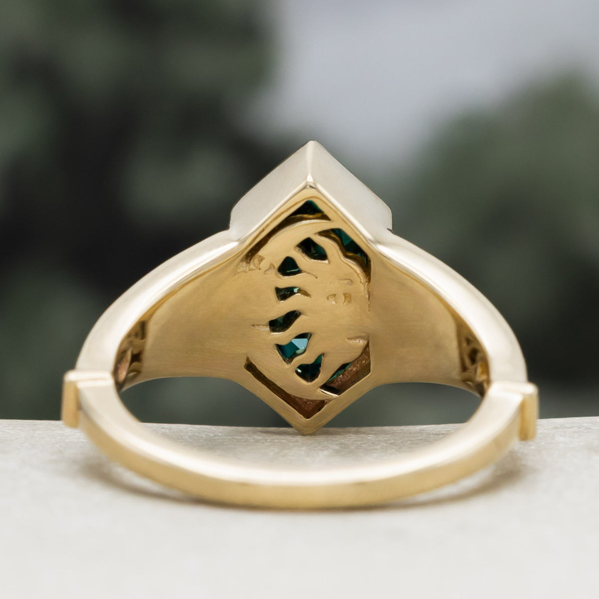 "Estelle" - Elongated Hexagon Cut Green Moissanite Engagement Ring With Crescent Moon & Diamond Accents-Staghead Designs