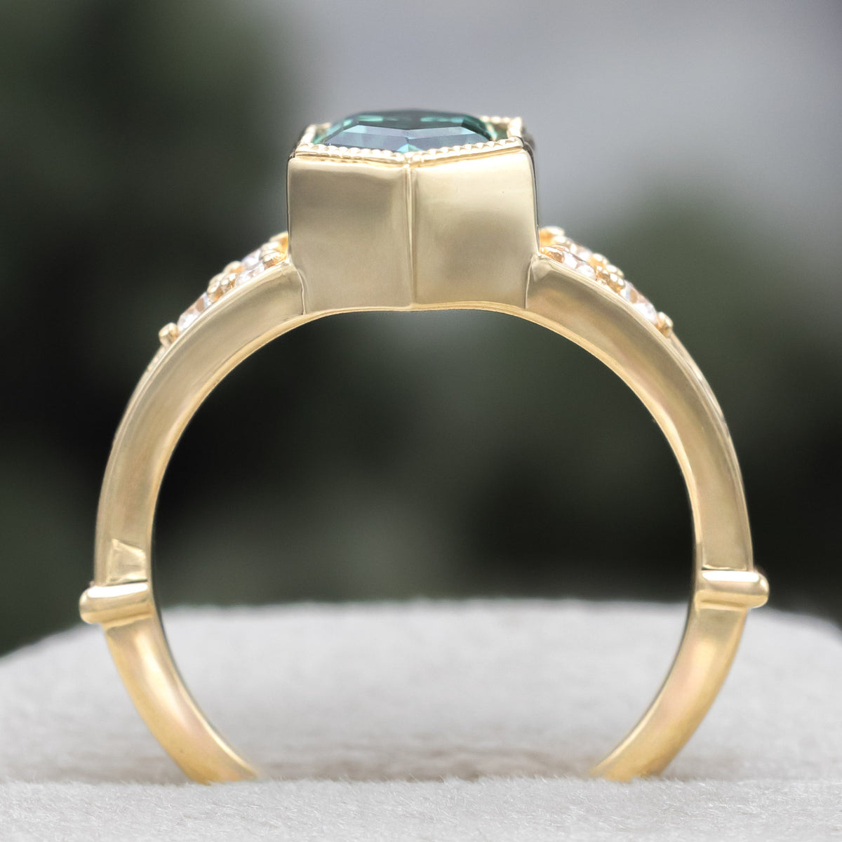 "Estelle" - Elongated Hexagon Cut Green Moissanite Engagement Ring With Crescent Moon & Diamond Accents-Staghead Designs