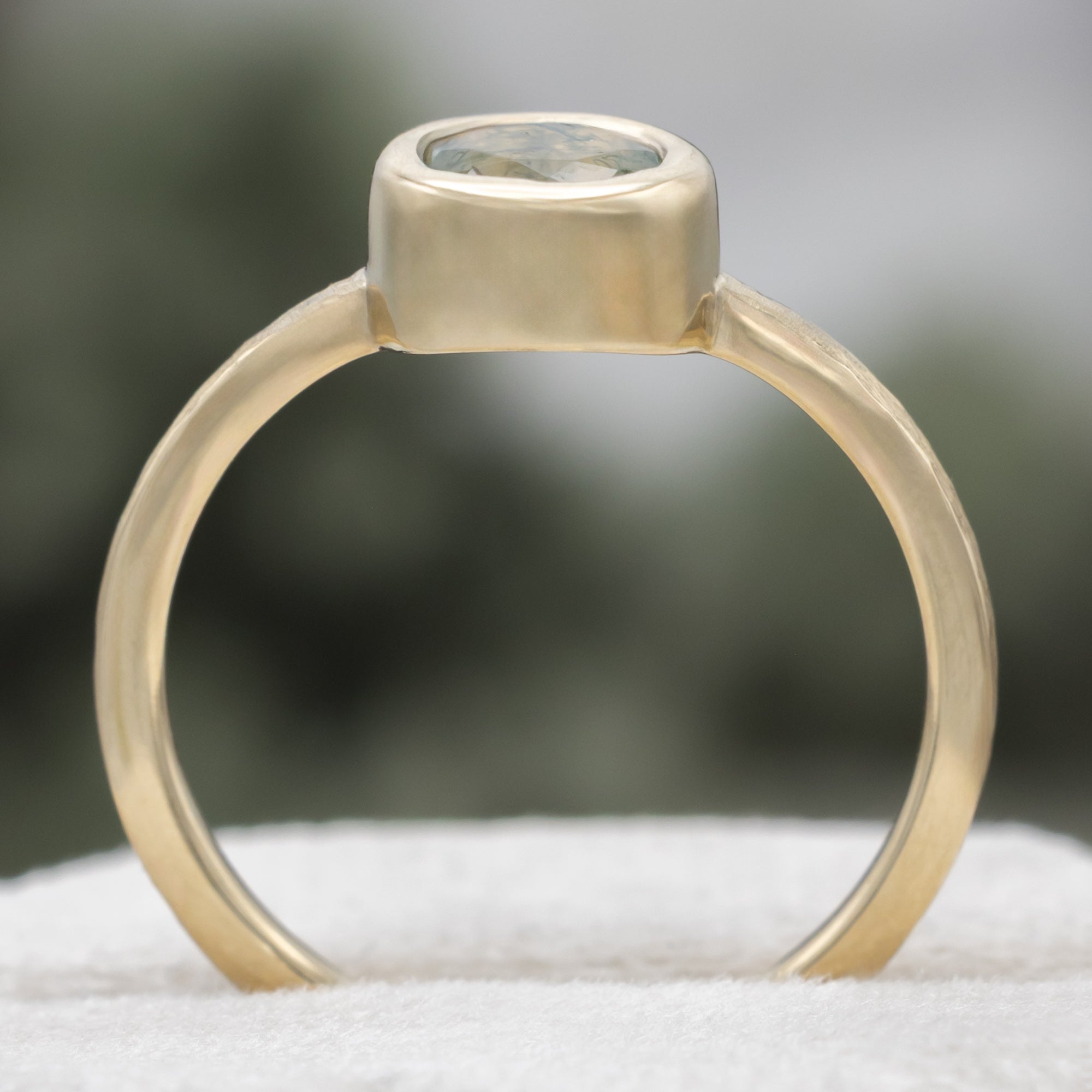 "Evelyn" - Bezel Set Moss Agate Solitaire Engagement Ring With Tracer In A Hammered Finish-Staghead Designs