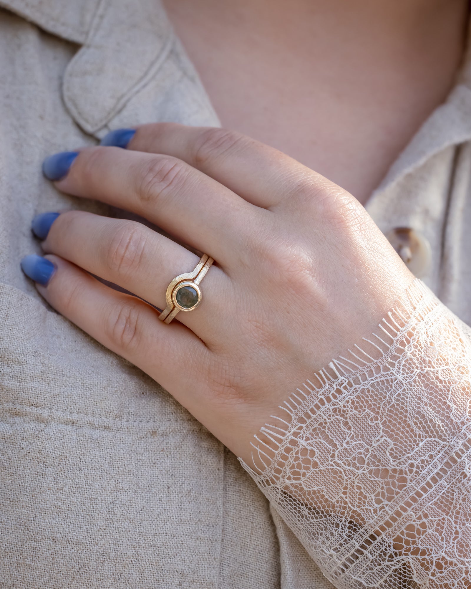 "Evelyn" - Bezel Set Moss Agate Solitaire Engagement Ring With Tracer In A Hammered Finish-Staghead Designs