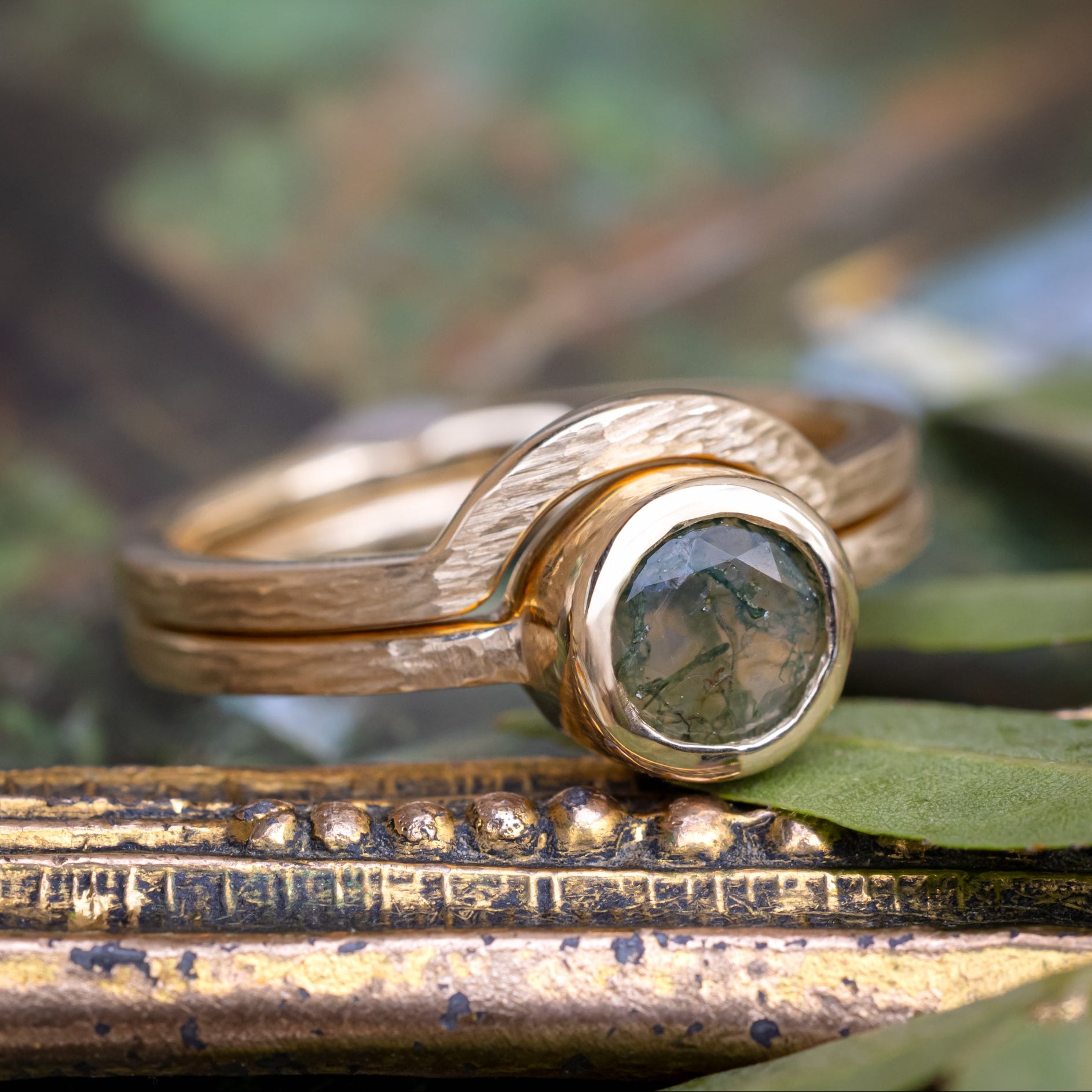 "Evelyn" - Bezel Set Moss Agate Solitaire Engagement Ring With Tracer In A Hammered Finish-Staghead Designs