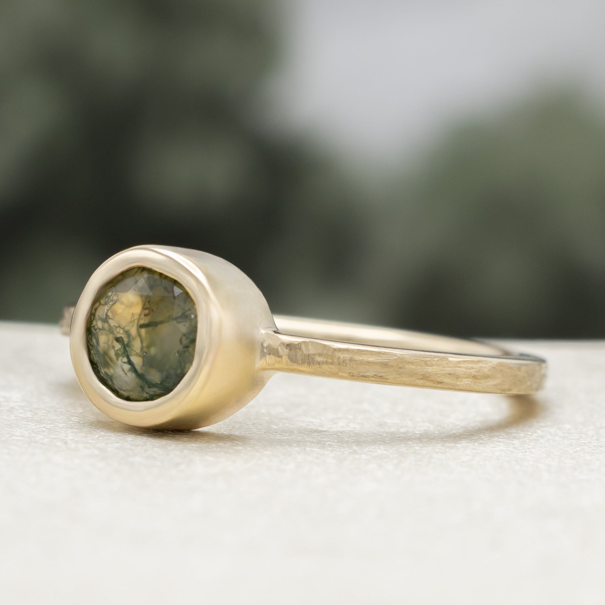 "Evelyn" - Bezel Set Moss Agate Solitaire Engagement Ring With Tracer In A Hammered Finish-Staghead Designs