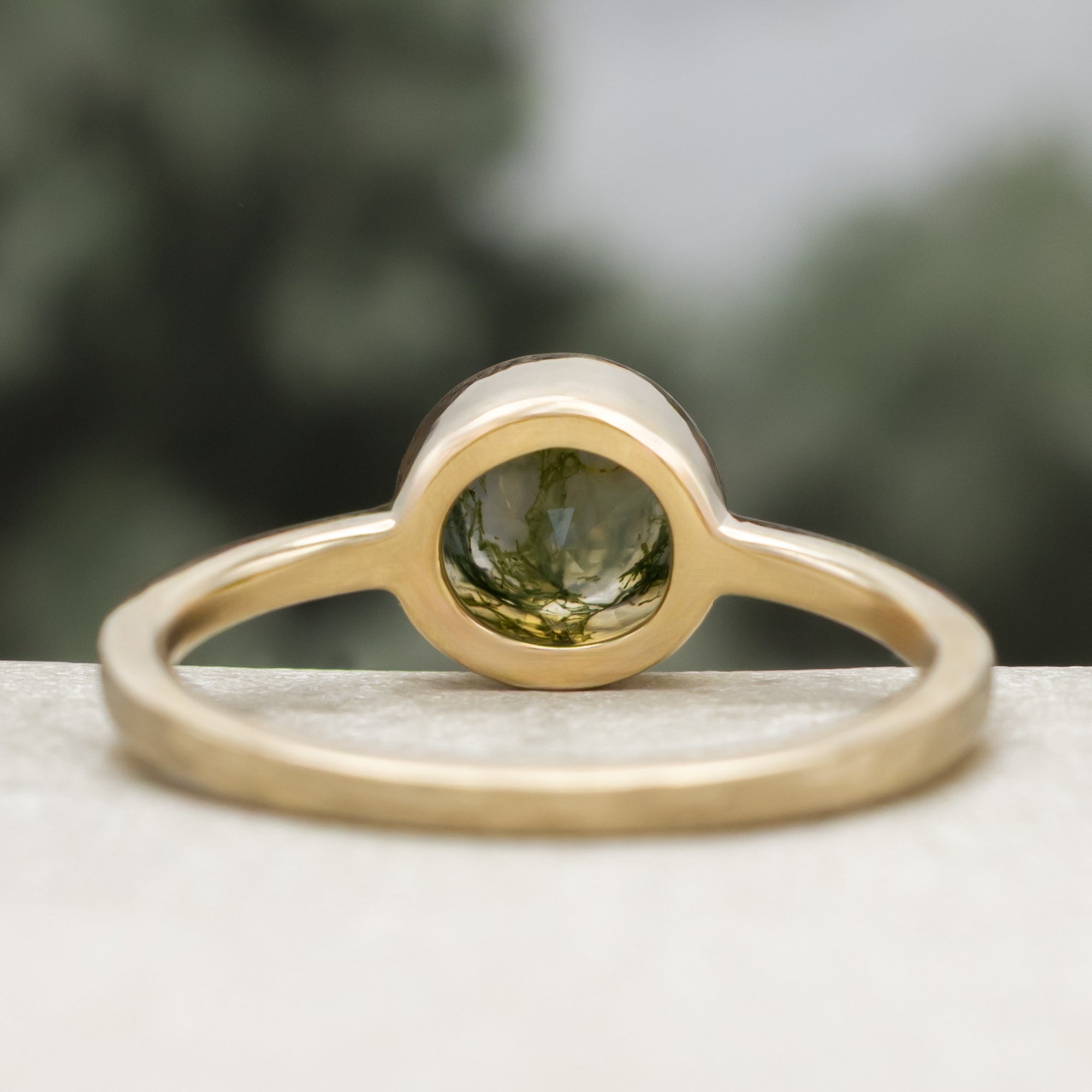 "Evelyn" - Bezel Set Moss Agate Solitaire Engagement Ring With Tracer In A Hammered Finish-Staghead Designs